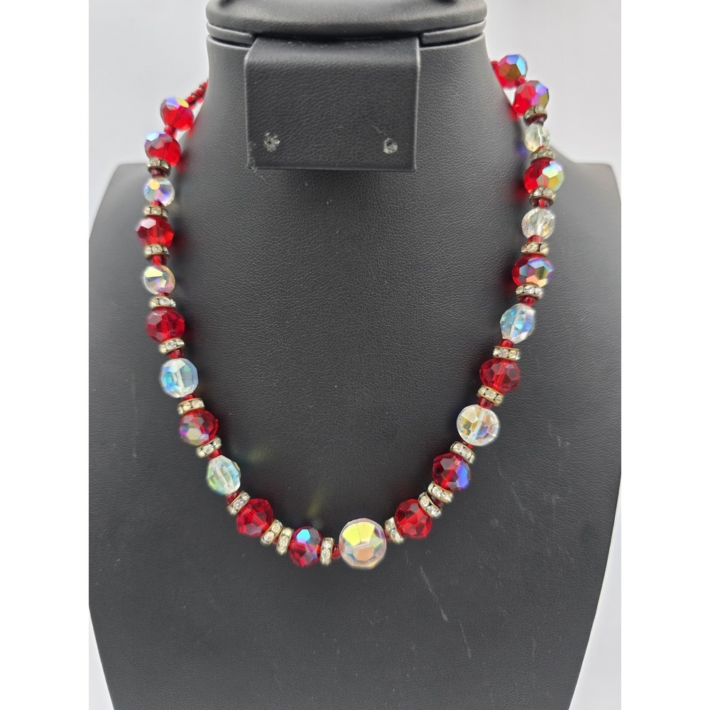 Vintage Japan Red & AB Crystal Beaded‎ Necklace Rhinestone Spacers
